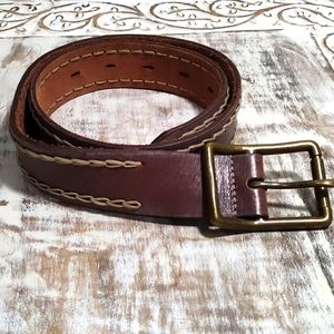True Religion Brown Leather Belt with Cream Stitching.